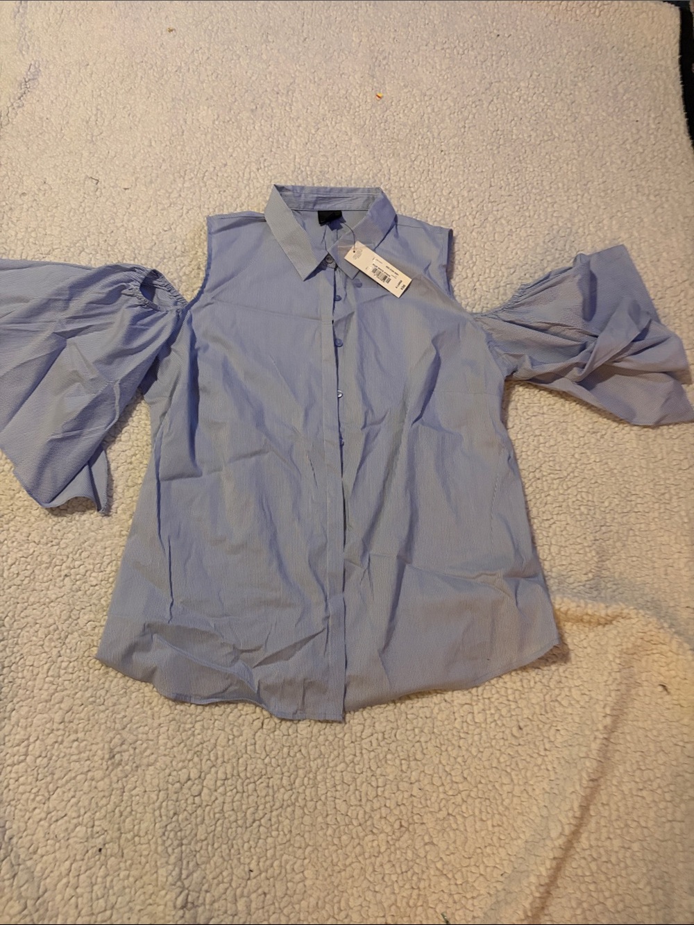 Worthington Blue and White Cold-Shoulder Button-Front Blouse